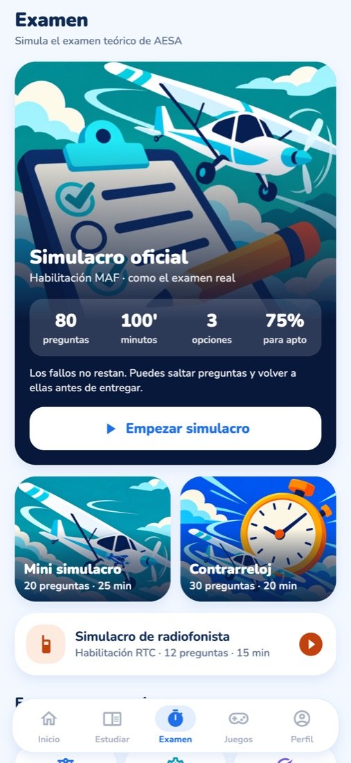 Pantalla del simulacro oficial de 80 preguntas en 100 minutos