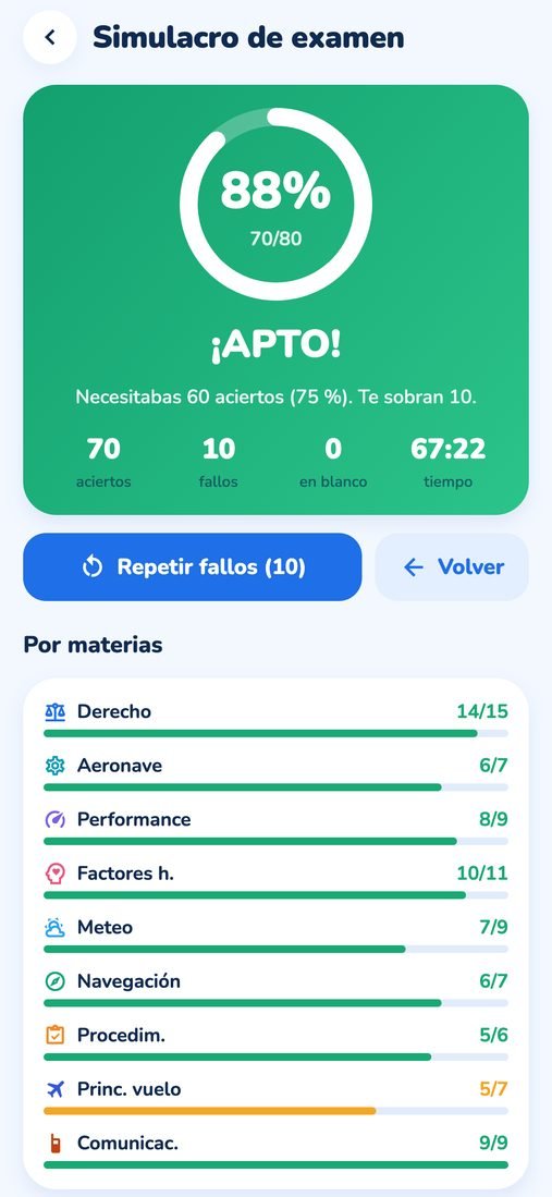 Resultado APTO de un simulacro con 70 de 80 aciertos y la nota de cada materia