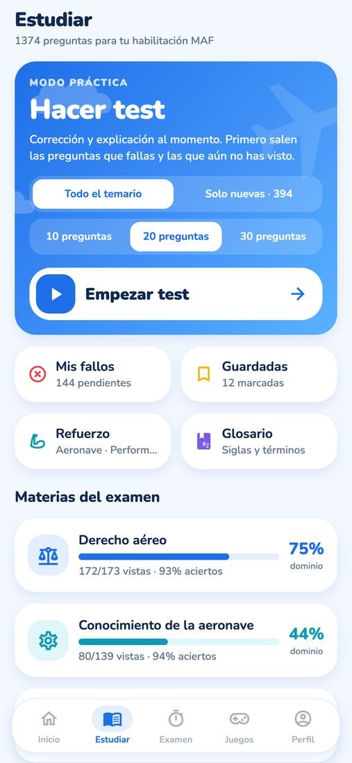Pantalla Estudiar con Hacer test, Mis fallos, Refuerzo y las materias del examen
