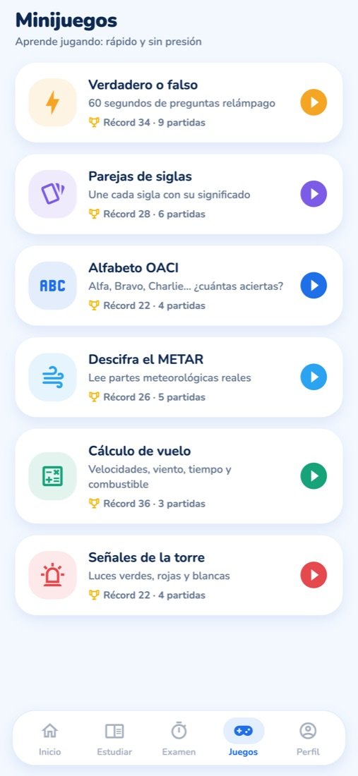 Lista de minijuegos: verdadero o falso, siglas, alfabeto OACI, METAR, cálculo y señales