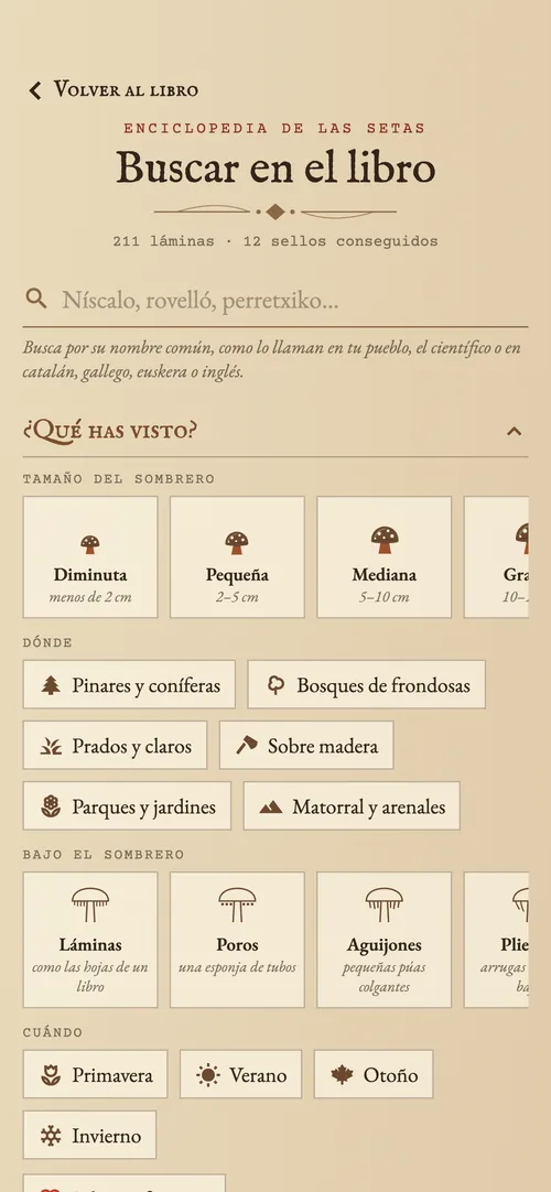 Buscador para identificar una seta por tamaño, lugar, lo que hay bajo el sombrero y temporada