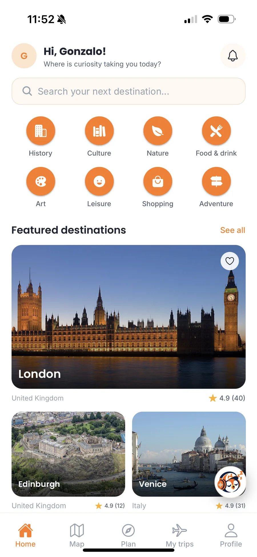 Pantalla de inicio de LearnTravel con categorías y destinos destacados