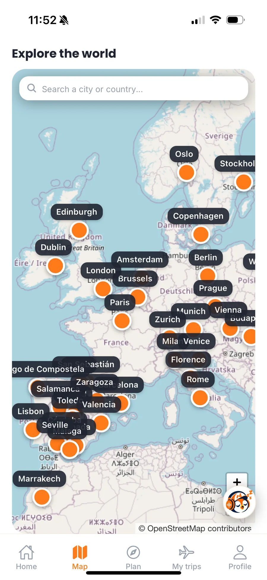 Mapa de Europa con todas las ciudades disponibles
