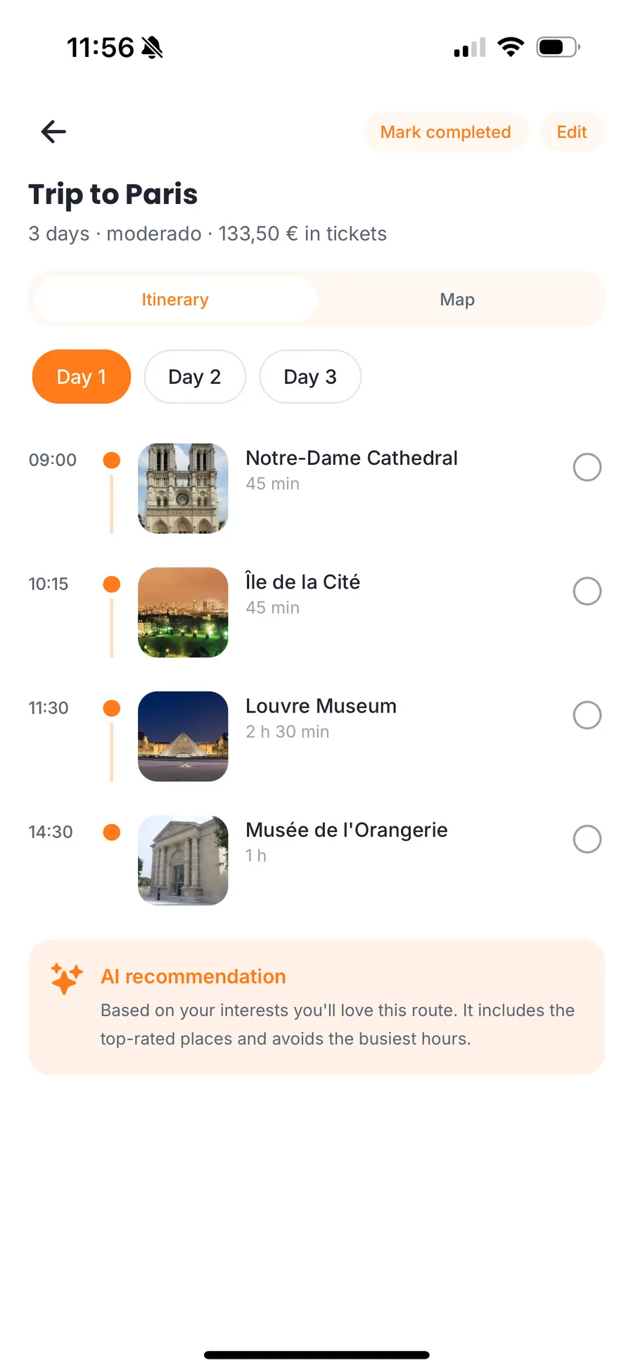 Itinerario del día 1 en París con horarios y duración