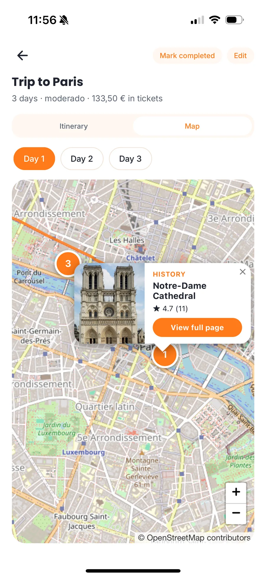 Mapa del viaje con la ficha de Notre-Dame