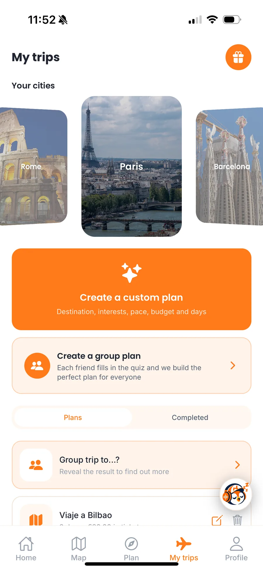Mis viajes: ciudades, plan personalizado y plan en grupo